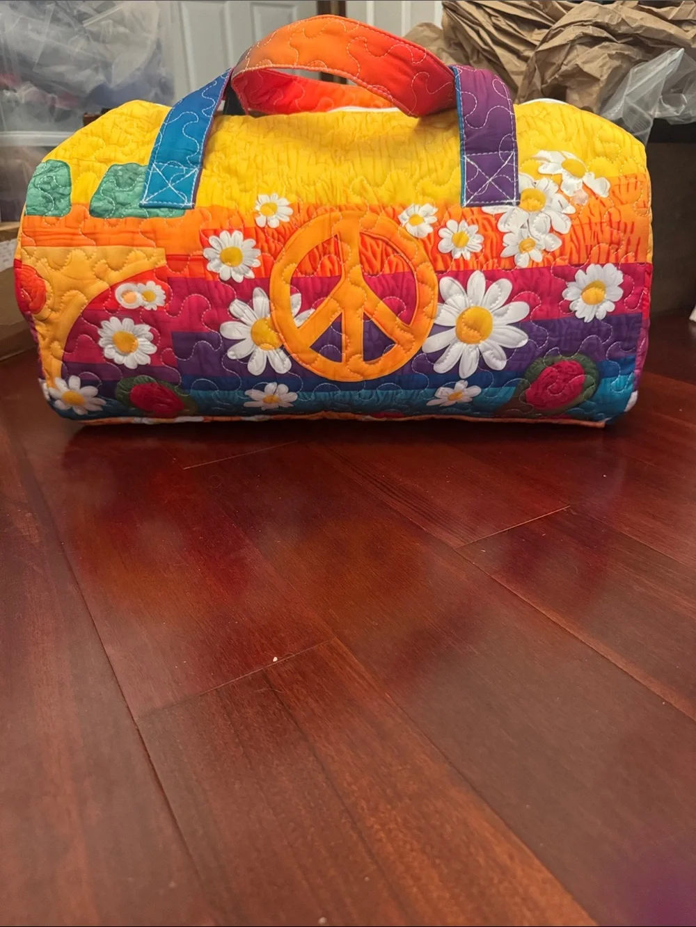 Colorful Rainbow Quilted Duffel with Peace Sign & Daisies